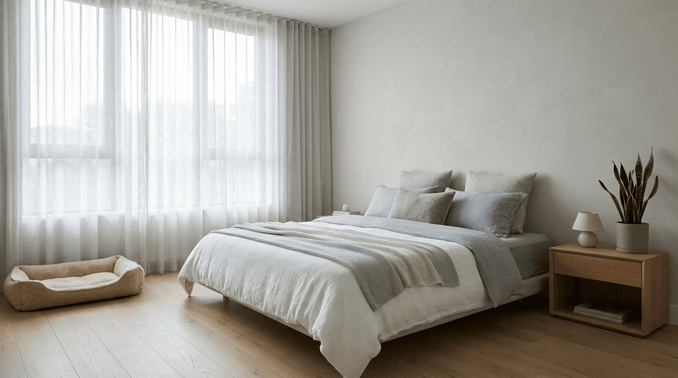 Minimalist modern bedroom with soft overcast light, neutral bedding, potted plant, and pet bed creating a calm, serene retreat.